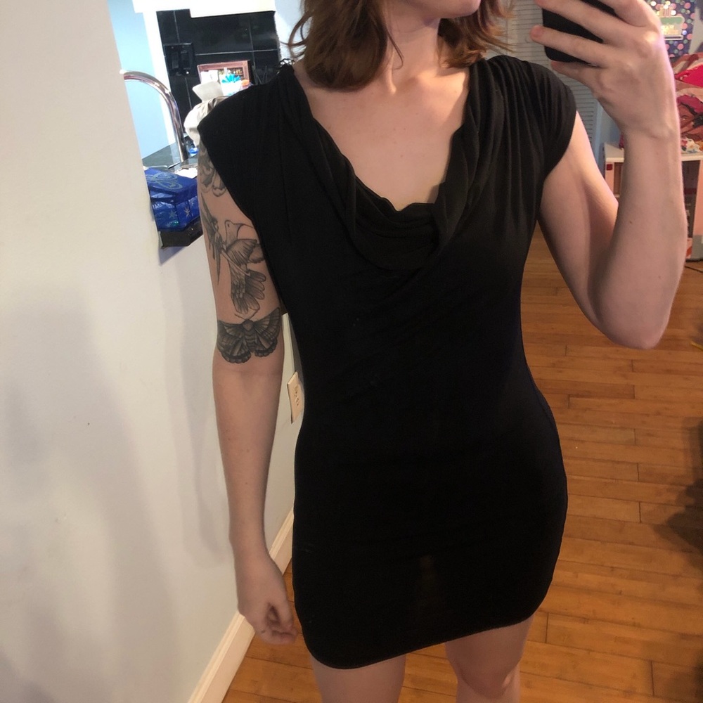 Susie Rose Black bodycon mini dress with lace details and cowl neckline.